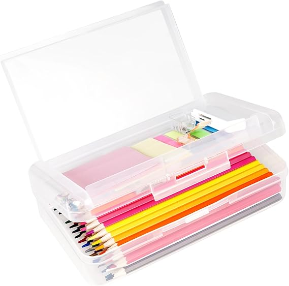 Plastic Pencil Box, Large Capacity Pencil Case, Pencil Boxes Double Layer for Kids Adults, Colored Pencil Case, Hard Crayon Box Storage with Snap-Tight Lid for School Office Supplies (Pink)