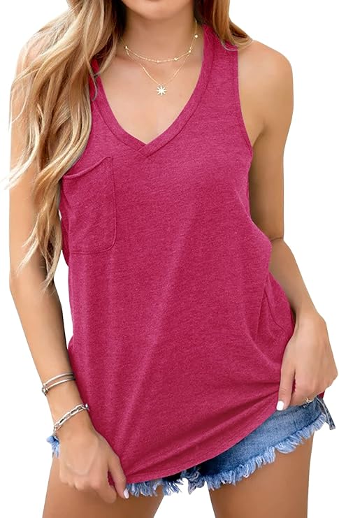 Laseily Women's V Neck Sleeveless Tank Tops Workout Yoga Loose Lightweight Flowy Summer Tee Shirts with Pocket Red