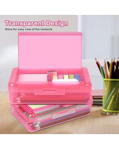 Plastic Pencil Box, Large Capacity Pencil Case, Pencil Boxes Double Layer for Kids Adults, Colored Pencil Case, Hard Crayon Box Storage with Snap-Tight Lid for School Office Supplies (Pink)