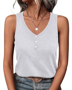PGANDS Women's V Neck Tank Tops Casual Summer Button Down Sleeveless Shirts White