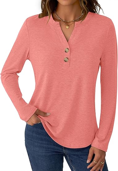 Womens Long Sleeve Tops Fall Clothing V Neck Casual Shirts Button Dressy Trendy Blouses Loose Fit Tunic 