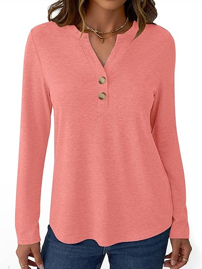 Womens Long Sleeve Tops Fall Clothing V Neck Casual Shirts Button Dressy Trendy Blouses Loose Fit Tunic 