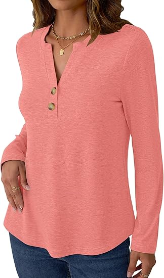 Womens Long Sleeve Tops Fall Clothing V Neck Casual Shirts Button Dressy Trendy Blouses Loose Fit Tunic 